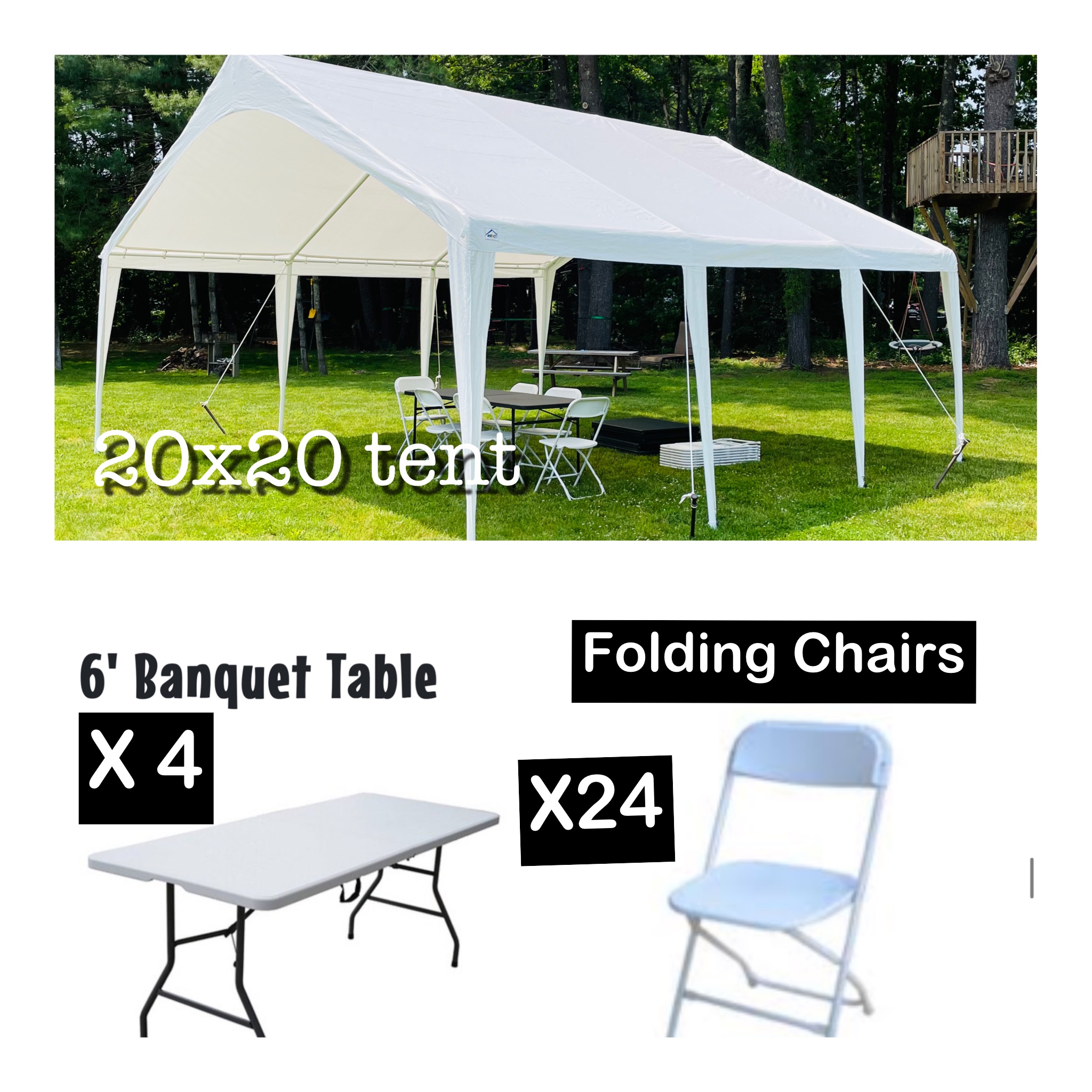 20x20 tent rental package with 4 banquet tables and 24 folding chairs 413 Tent Rentals Western MA